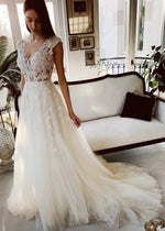 Marina | Elegant A Line/Princess V Neck Lace and Tulle Wedding Dress with Train