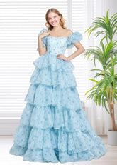 A Line Light Blue Floral Puff Sleeve Ruffle Maxi Formal Dress - Light Blue Floral - PromDressClub