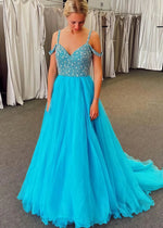 Arlene | Blue Ball - Gown/Princess Cold Shoulder Beaded Tulle Prom Dress - Blue - PromDressClub