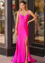 Abigail|Hot Pink Mermaid Corset Satin Formal Dress with Slit - Hot Pink - PromDressClub