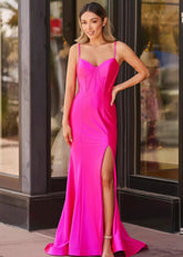 Abigail|Hot Pink Mermaid Corset Satin Formal Dress with Slit - Hot Pink - PromDressClub
