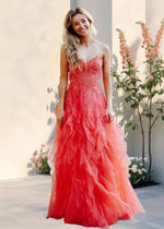 Adelaide | Coral Color Tulle Corset Backless Formal Dress - Coral - PromDressClub