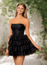 Adeline | Stylish A Line Black Mini Strapless Corset Homecoming Dress with Ruffles – Sparkling Short Strapless Party Gown - Black - PromDressClub