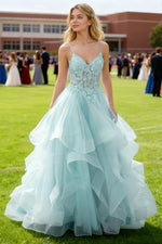 Aetherium Light Blue Lace Corset Prom Dress | A - Line Sweetheart Neckline Rhinestones Ruffle Floor Length Dress - US0 - PromDressClub