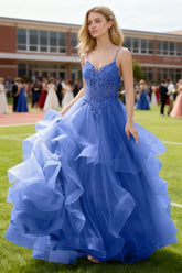 Aetherium Royal Blue Lace Corset Prom Dress | A - Line Sweetheart Neckline Rhinestones Ruffle Floor Length Dress - US0 - PromDressClub