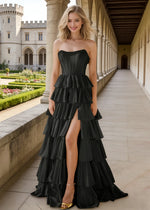 Aila Black Satin Corset Prom Dress with Ruffles | A - Line Strapless Beaded Tiered Formal Dress with Slit - Black - PromDressClub