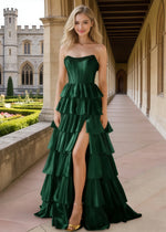 Aila Dark Green Satin Corset Prom Dress with Ruffles | A - Line Strapless Beaded Tiered Formal Dress with Slit - Dark Green - PromDressClub