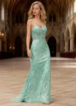 Aithea Green Glitter Prom Dress | Sheath Spaghetti Strap V-Neck Corset Cocktail Dress