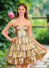 Amanda | Sexy A - Line Gold Metallic Corset Strapless Short Homecoming Dress with Ruffles - Gold - PromDressClub