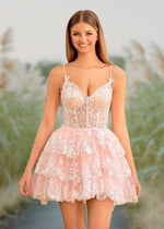 Amelie | A Line Light Pink Sequin Corset Short Homecoming Dress with Ruffles - Light Pink - PromDressClub