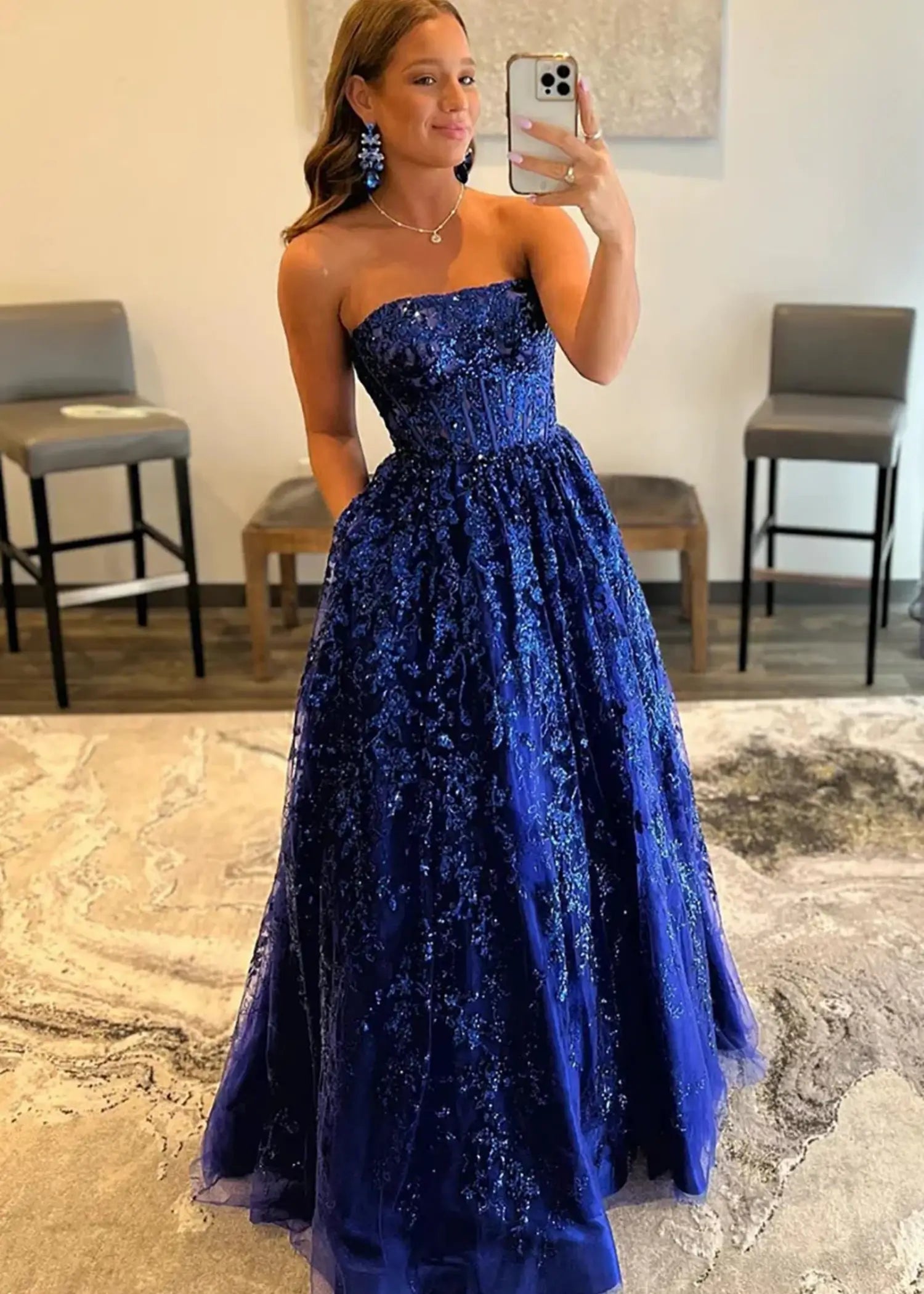 Angela | Strapless Royal Blue and Black Ball Gown Lace Prom Dress with Pockets - Royal Blue - PromDressClub
