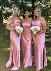 Angela | Sheath Corset Peach Satin Maxi Bridesmaid Dress with Slit and Off the Shoulder - Price #price_variant_lowest# - Peach - PromDressClub