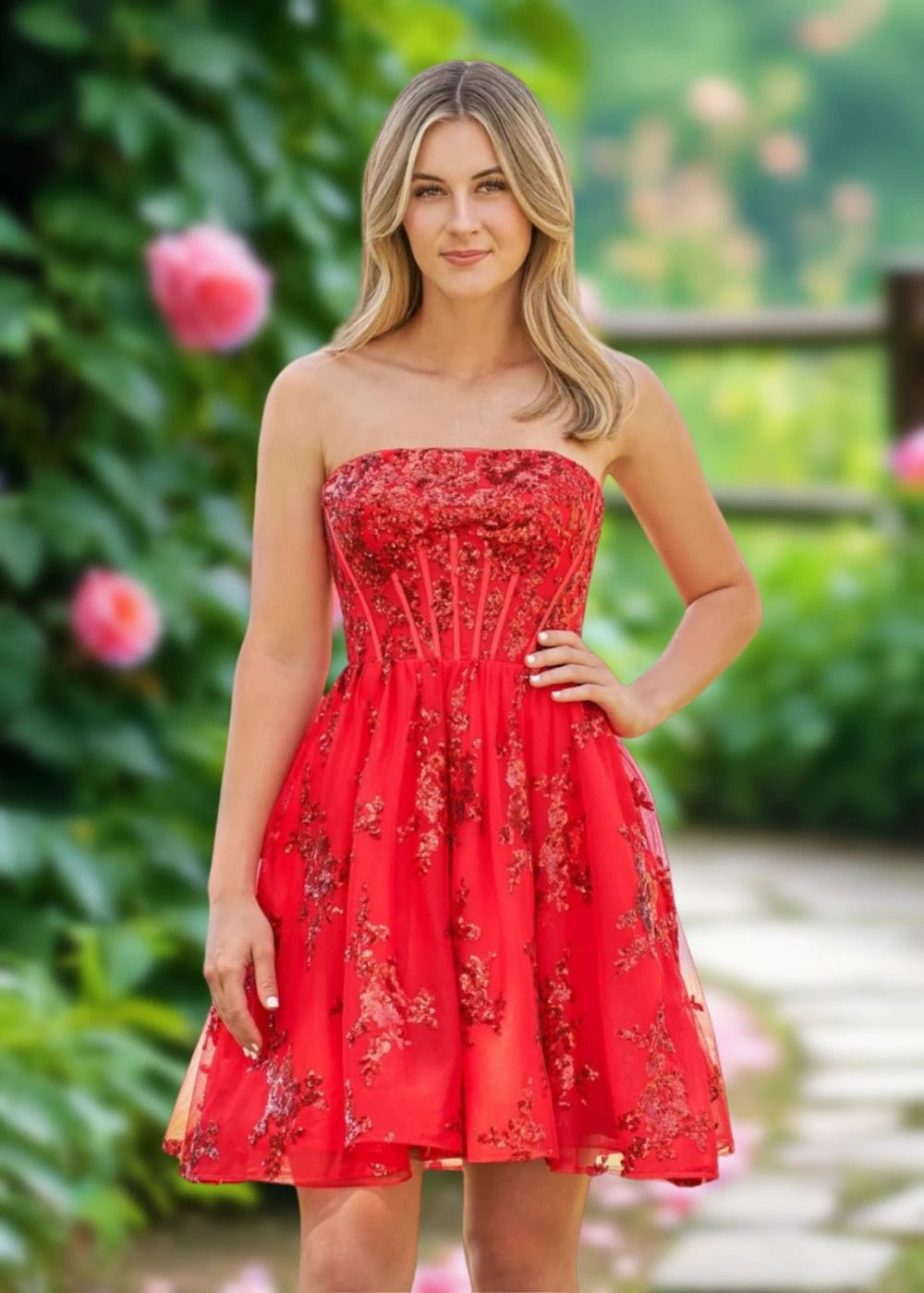 Annette | A Line Red Sequin Corset Strapless Short Homecoming Dress - Red - PromDressClub