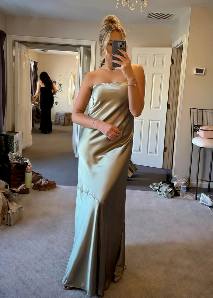 April | Sheath Strapless Skeleton Olive Green Satin Maxi Bridesmaid Dress with Backless and Buttons - Price #price_variant_lowest# - Olive Green - PromDressClub