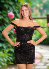 Ariel | Bodycon Black Sequin Off the Shoulder Corset Short Beaded Homecoming Dress - Black - PromDressClub