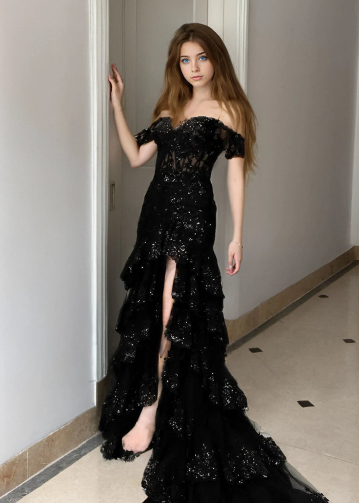 Arlene | A Line Black Strapless Corset Prom DressRuffles with Slit - Black - PromDressClub