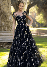 Athena | Black Floral Corset A Line Flower Prom Dress with Bow - Black Floral - PromDressClub