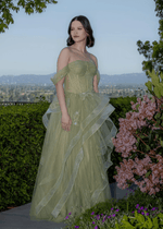 Audrey | A Line/Princess Sage Green Off the Shoulder Corset Ruffle Prom Dress - Sage Green - PromDressClub