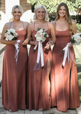 Audrey | Fashion Sheath Backless Dusty Rose Chiffon Maxi Bridesmaid Dress with Slit and Straps Back Criss - Cross - Price #price_variant_lowest# - Dusty Rose - PromDressClub