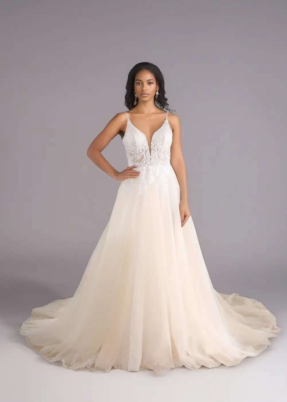 Rita |Ball - Gown/Princess V - Neck Waterfall Skirt Court Train Tulle Lace Long Wedding Dress With Train - Champagne - PromDressClub