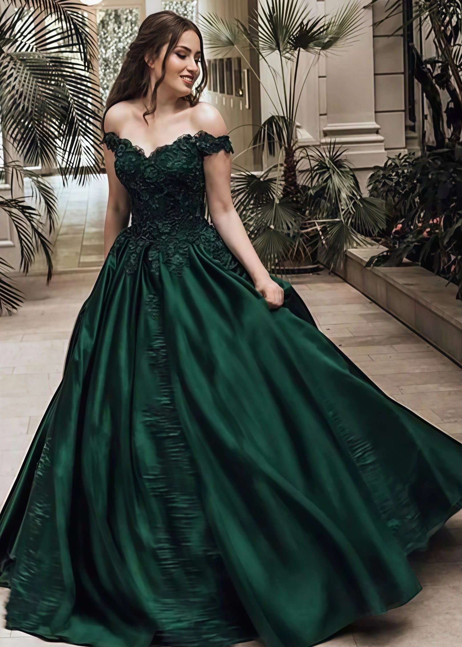 Beatrice | A - Line Lace Green Prom Dress With Off Shoulder - Green - PromDressClub