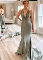 Bernice | Amazing Evening Trumpet Bows Backless Sage Green Satin Maxi Formal Dress with Deep V - Neck - Price #price_variant_lowest# - Sage - PromDressClub