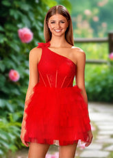 Bonnie | A Line Red Tulle One Shoulder Corset Short Homecoming Dress - Red - PromDressClub