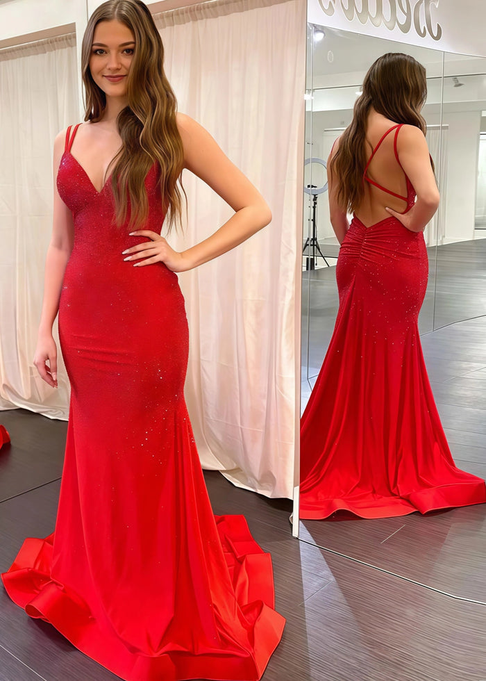 Bridget | Long Red Prom Dress With Mermaid V Neck Beaded Jersey - Red - PromDressClub