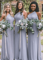 Candice | Simple Boho Backless Dusty Blue Chiffon Maxi Bridesmaid Dress with One Shoulder - Price #price_variant_lowest# - Dusty Blue - PromDressClub
