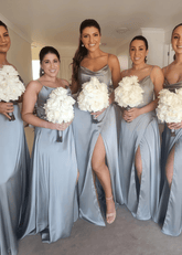 Carol | Sheath Spaghetti Straps Dusty Blue Satin Maxi Bridesmaid Dress with Slit and Cowl Neck - Price #price_variant_lowest# - Dusty Blue - PromDressClub