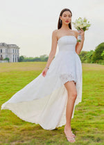 Celeste | Stunning White Lace High Low Strapless Corset Backless Prom Dress - White - PromDressClub