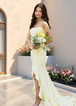 Charlotte | Chic Strapless Yellow Satin Prom Dress with Train – Shine Bright at Your Prom - Yellow - PromDressClub