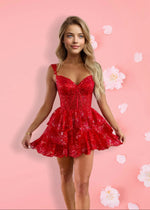 Christie |Sweetheart A - Line Tiered Red Short Homecoming Dress - Red - PromDressClub