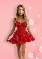 Christie |Sweetheart A - Line Tiered Red Short Homecoming Dress - Red - PromDressClub