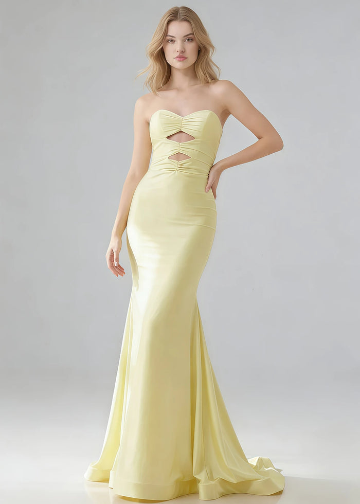 Cora Yellow Strapless Prom Dress with Cutouts | Mermaid Sweetheart Neckline Backless Pleated Satin Formal Dress with Bow - Yellow - PromDressClub