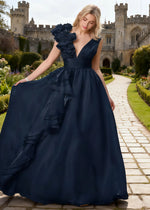 Coral Navy Blue Chiffon Prom Dress Ruffles | A - Line V - Neck Floor Length Backless Formal Dress - Navy Blue - PromDressClub