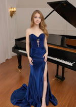 Crystal | Mermaid Navy Blue and Black Lace Strapless Corset Prom Dress with Slit - Navy Blue - PromDressClub