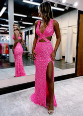 Cynthia | Long Hot Pink Prom Dress Sequins With Mermaid V Neck Slit - Hot Pink - PromDressClub