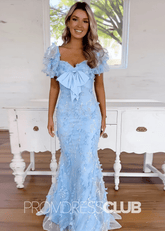 Denise |Blue Prom Dresses Long Mermaid Short Sleeves Appliques with Bow - Light Blue - PromDressClub