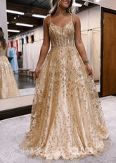 Diana |Long Gold Prom Dress Lace With A Line Spaghetti Straps Appliques - Gold - PromDressClub