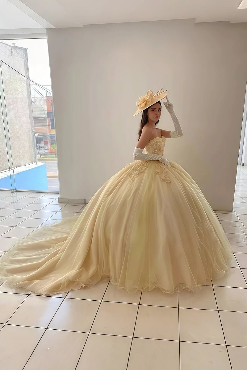 Dominique | Dream Gold Quinceañera Dresses: Timeless Strapless & Corset Styles - Gold - PromDressClub