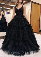 Donna |Long Black Prom Dress Glitter Tulle With A Line Deep V Neck Tiered - Black - PromDressClub