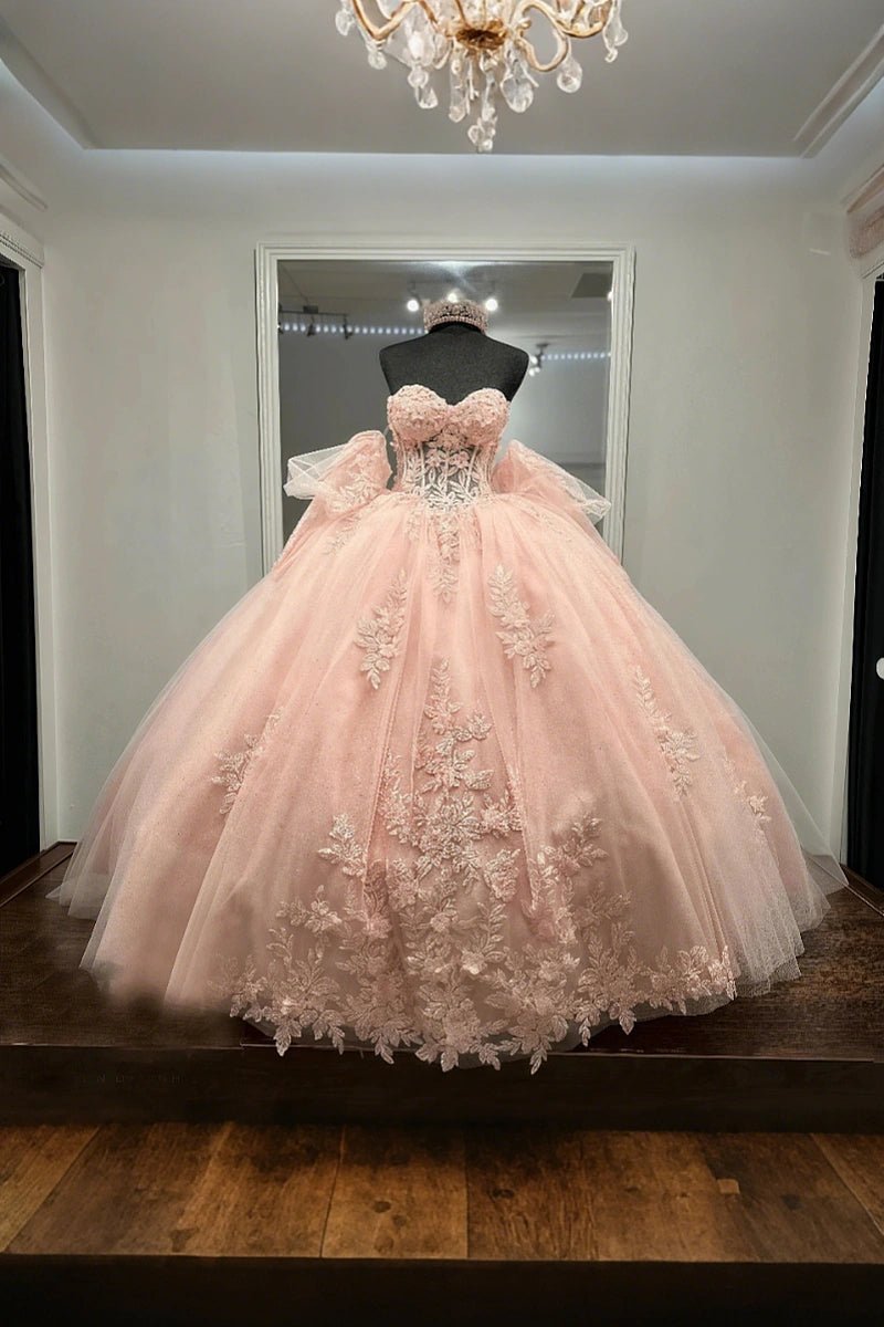 Doris | Gorgeous Pink Beaded Quinceanera Dresses with Bow - Exquisite and Sparkling for Memorable Celebrations - Pink - PromDressClub