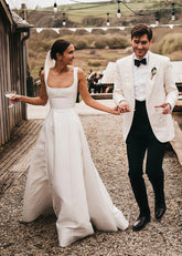 Eartha | Modern Backless Square Neck White Satin Long Wedding Dress with A - Line - Price #price_variant_lowest# - White - PromDressClub