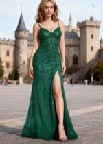 Ebullience Dark Green Sequins Mermaid Prom Dress | Spaghetti Straps Sweetheart Neckline Floor Length Slit Dress - US0 - PromDressClub