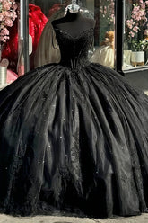 Elaine |Ball Gown Black Quince Dresses Sweetheart Off the Shoulder with Flowers Beaded - Black - PromDressClub