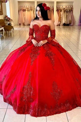 Elise | Gorgeous Red Long Sleeve Quinceanera Dresses with Ruffles - Red - PromDressClub