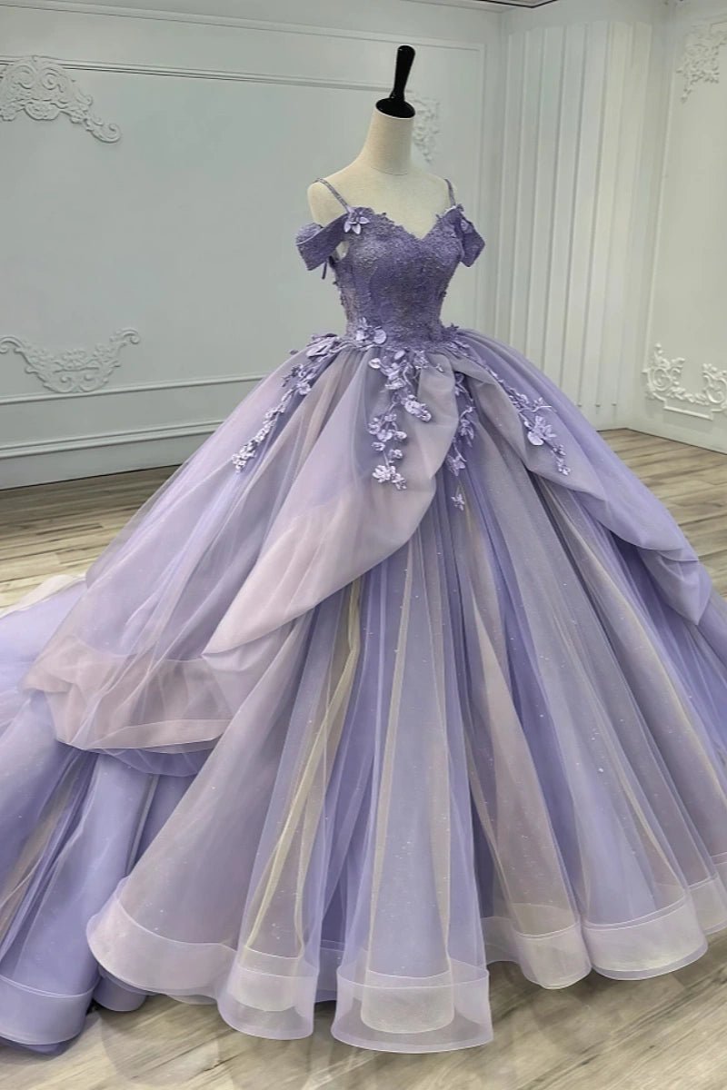 Eliza | Exquisite Lavender Flower Embellished Quinceanera Dresses Off the Shoulder - Lavender - PromDressClub