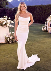 Elizabeth | Romantic Mermaid Strapless Long White Satin Wedding Dress with Long Train - Price #price_variant_lowest# - White - PromDressClub