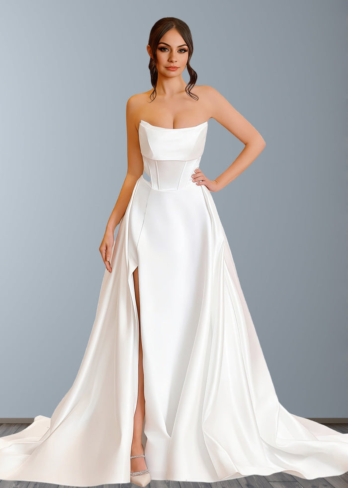 Ella | Classic A - Line Strapless Corset Backless Long White Satin Wedding Dress with Slit and Court Train - Price #price_variant_lowest# - White - PromDressClub